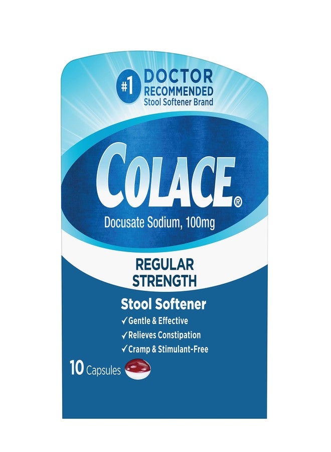 Colace Regular Strength Stool Softener for Gentle Effective Constipation Relief, #1 Doctor Recommended Stool Softener Brand, 100 mg Docusate Capsules, 10 Count - Image 1
